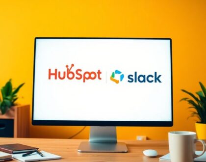 A workspace with HubSpot and Slack logos on a computer.