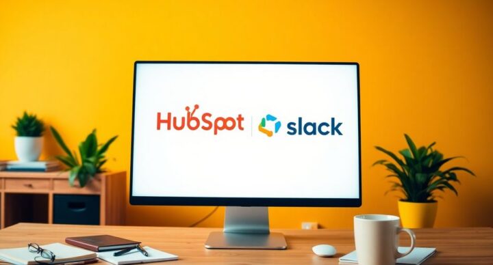 A workspace with HubSpot and Slack logos on a computer.