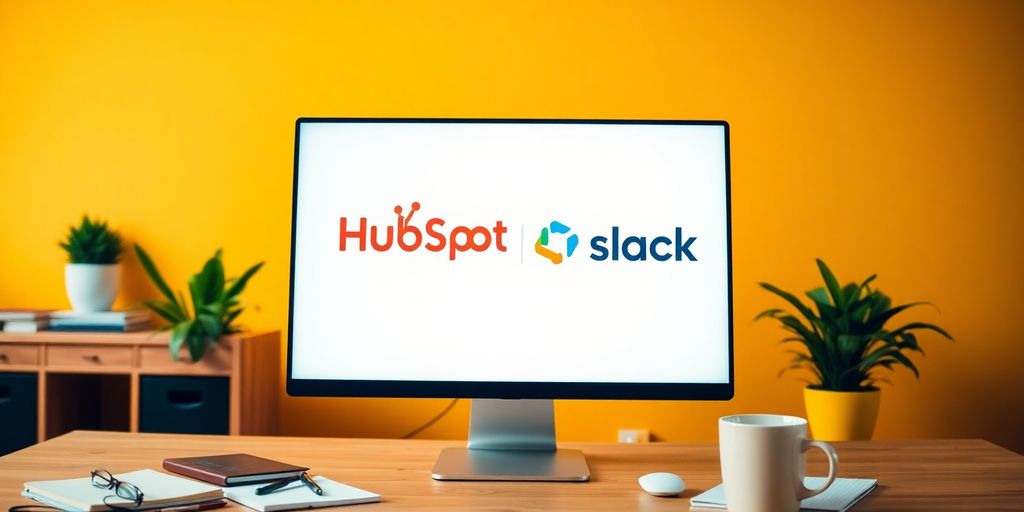 A workspace with HubSpot and Slack logos on a computer.