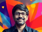 Dharmesh Shah portrait with vibrant colors and abstract shapes.