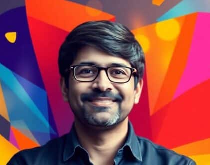 Dharmesh Shah portrait with vibrant colors and abstract shapes.