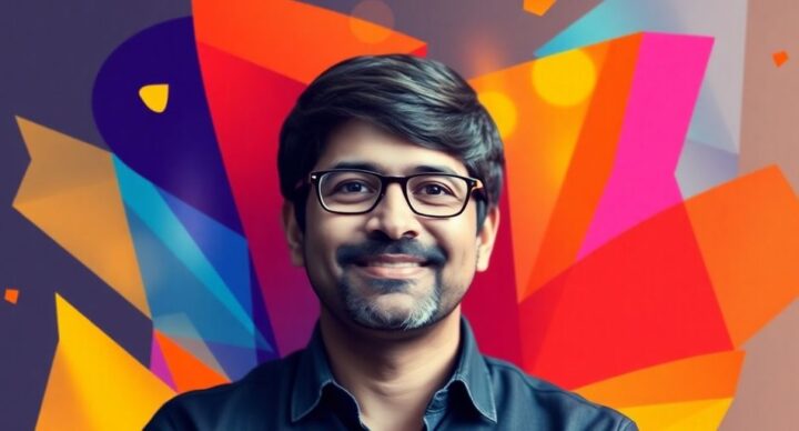 Dharmesh Shah portrait with vibrant colors and abstract shapes.