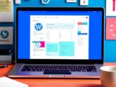 Laptop with WordPress dashboard and performance tools.