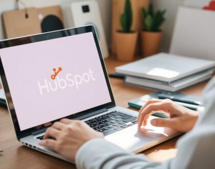 Person using laptop with HubSpot logo in workspace.