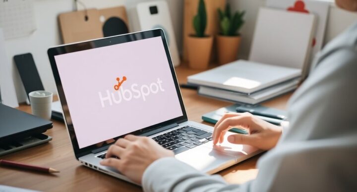 Person using laptop with HubSpot logo in workspace.