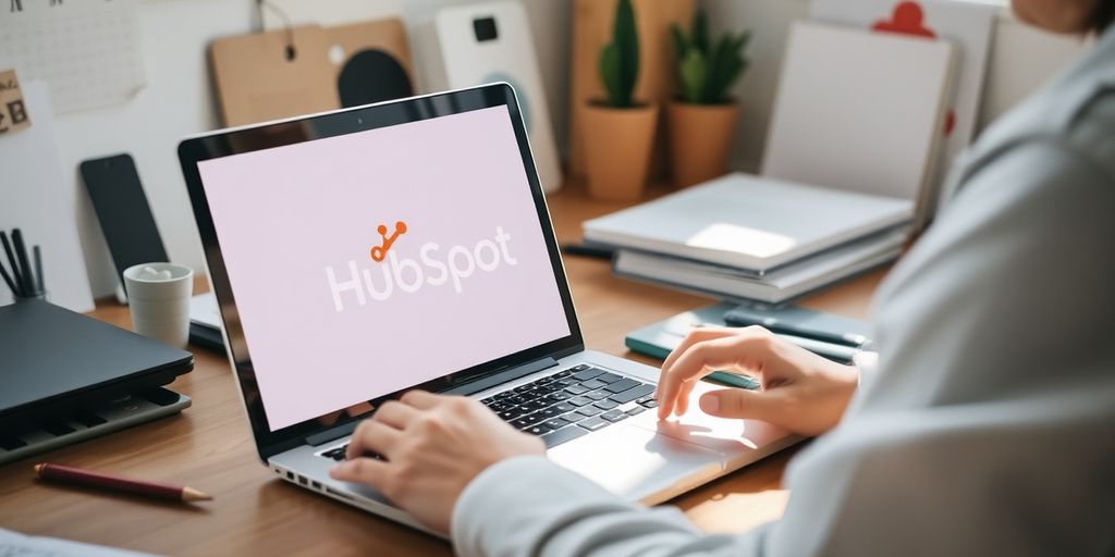 Person using laptop with HubSpot logo in workspace.