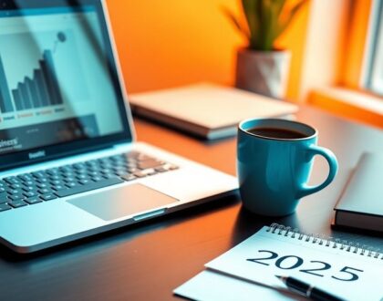 Modern workspace with laptop and coffee for business.