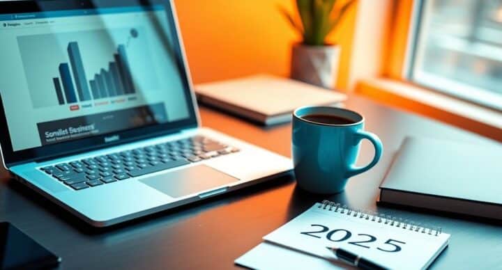 Modern workspace with laptop and coffee for business.