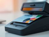 Business card scanner capturing a colorful card.