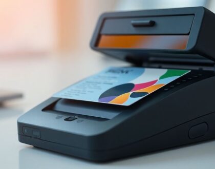 Business card scanner capturing a colorful card.