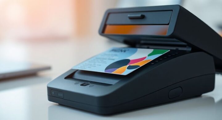 Business card scanner capturing a colorful card.