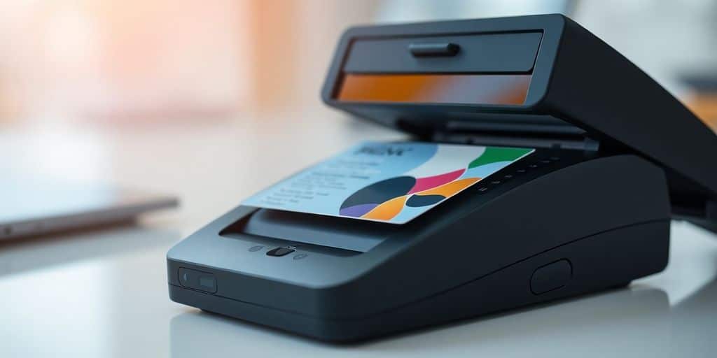 Business card scanner capturing a colorful card.