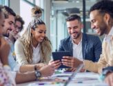 Diverse team collaborating in a modern business setting.