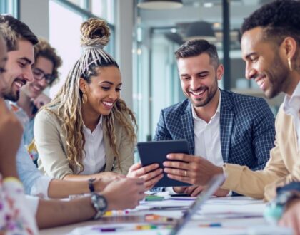 Diverse team collaborating in a modern business setting.