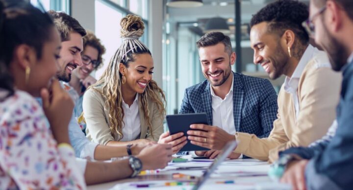 Diverse team collaborating in a modern business setting.