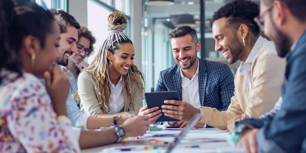 Diverse team collaborating in a modern business setting.