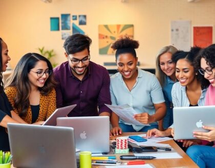 Group of entrepreneurs collaborating in a modern workspace.