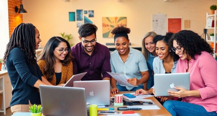 Group of entrepreneurs collaborating in a modern workspace.