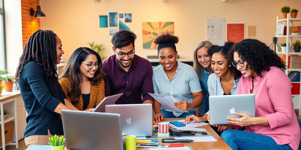 Group of entrepreneurs collaborating in a modern workspace.