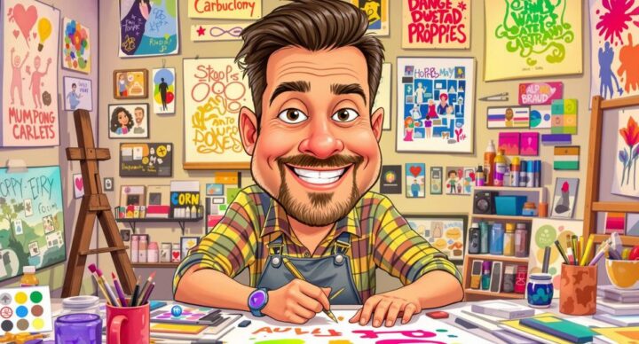 Caricature artist creating colorful and playful sketches.