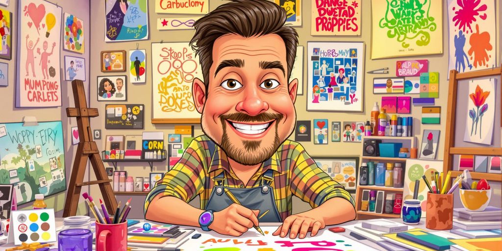 Caricature artist creating colorful and playful sketches.