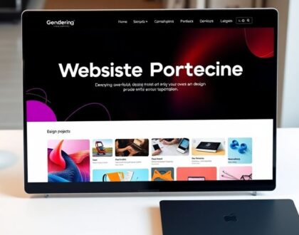 Modern website design portfolio template on a stylish desk.