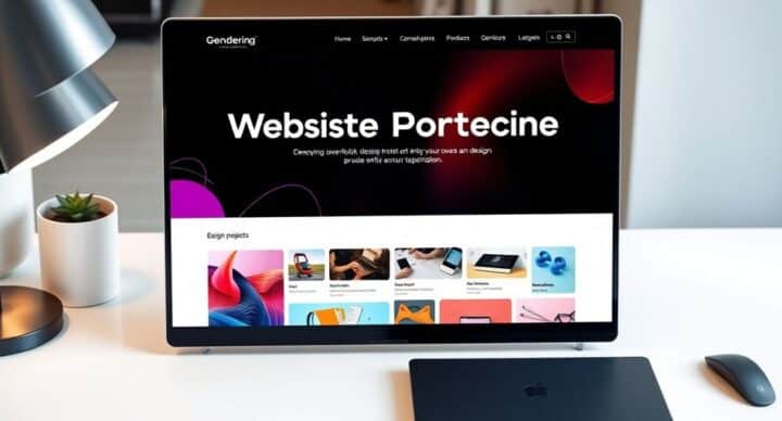 Modern website design portfolio template on a stylish desk.