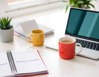 A workspace with a planner and laptop on a desk.