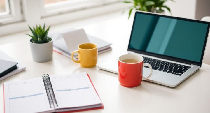 A workspace with a planner and laptop on a desk.