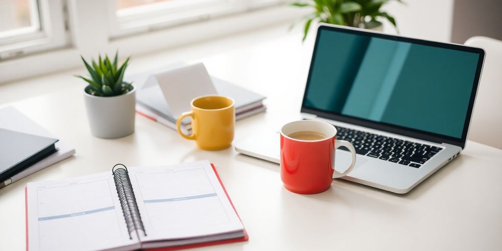 A workspace with a planner and laptop on a desk.