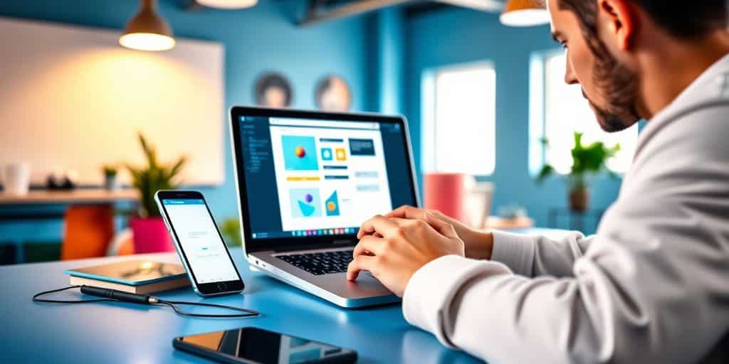 Designer working on mobile interface in a bright workspace.