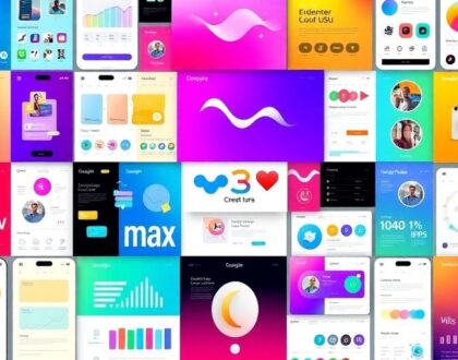 Colorful UI/UX design elements and digital interfaces.