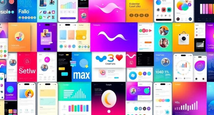 Colorful UI/UX design elements and digital interfaces.