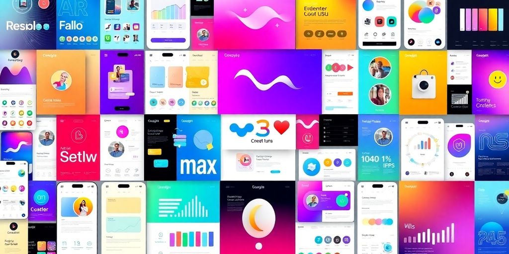 Colorful UI/UX design elements and digital interfaces.